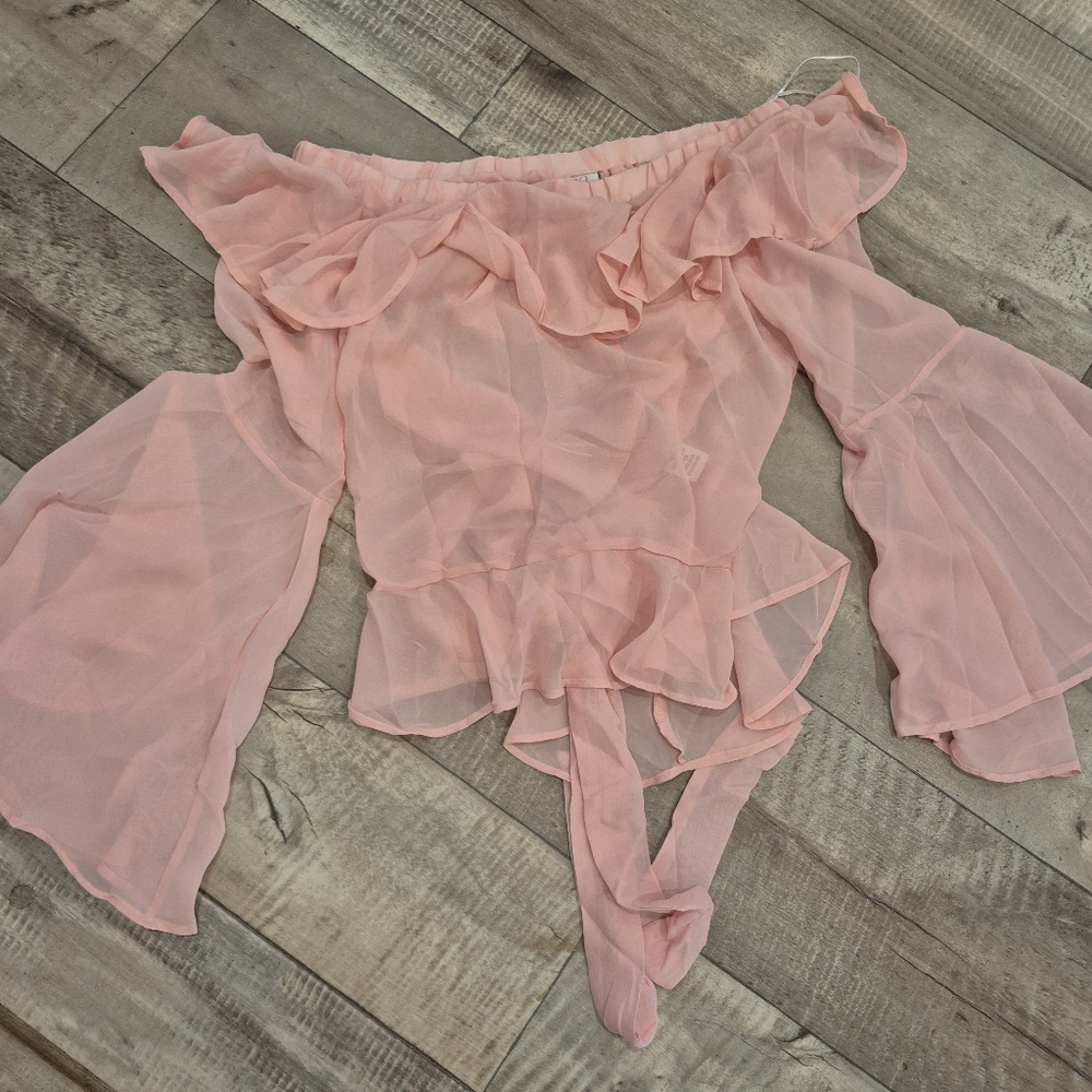 Impulsive Top Sheer Off-Shoulder Ruffles Bell Sleeves Chiffon Belted Pink M New